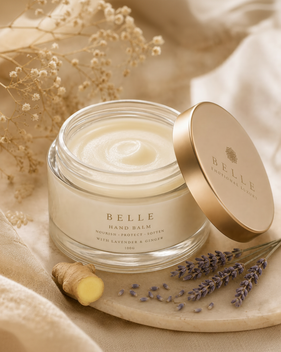 An open jar of BELLE Hand Balm with lavender and ginger, showing the creamy off-white balm inside, with its gold lid resting beside it on a beige fabric surface decorated with dried flowers, lavender sprigs, and ginger root.