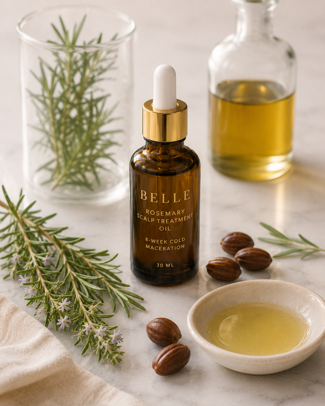 Belle Rosemary Scalp Treatment Oil in an amber glass dropper bottle, styled on a marble surface with rosemary sprigs, cocoa beans, a small dish of oil, and a glass bottle of oil in the background.