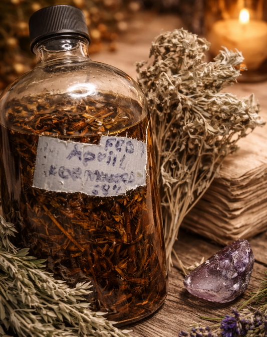 A clear glass bottle filled with dried artemisa herbs in 65% alcohol 8 week cold maceration, with a handwritten paper label, styled on a rustic wooden surface with dried flowers, a crystal, and a warm candle in the background.