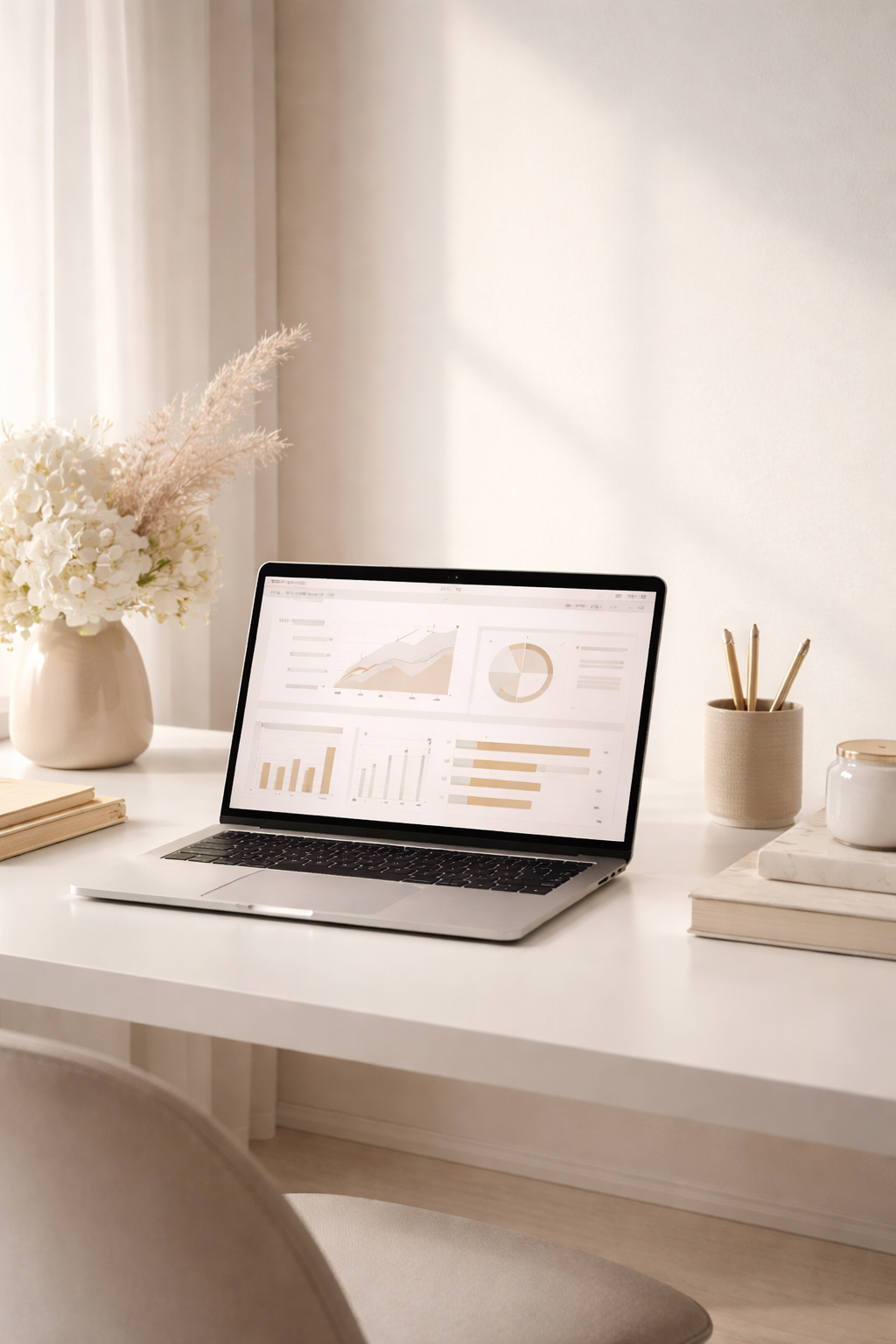 Minimalist luxury workspace featuring a silver laptop displaying business analytics, bar charts, and data graphs on a white desk with beige ceramic decor and a cream floral arrangement.