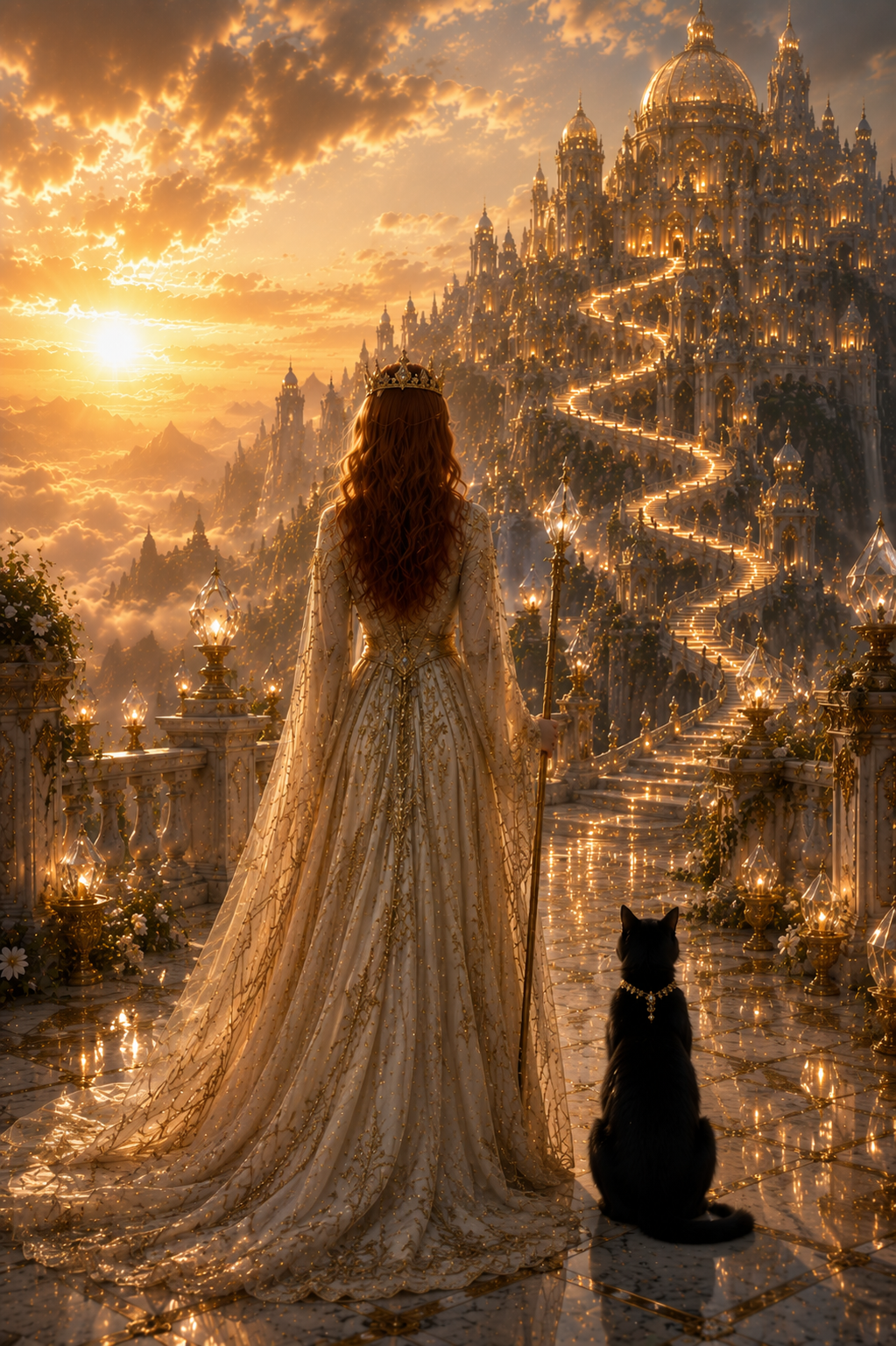 Cinematic fantasy illustration of a crowned queen in a gold-embroidered gown standing beside a black cat on an open balcony, looking towards a winding illuminated path leading up to a majestic golden castle at sunset.