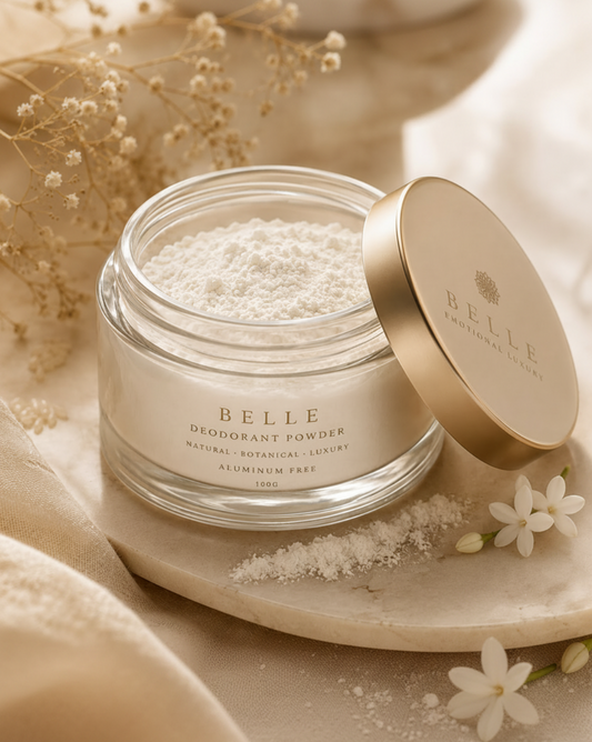 A clear glass jar of BELLE Deodorant Powder filled with white rice powder, shown with its metallic gold lid leaning against it on a beige fabric surface. The scene is styled with dried flowers and small white blossoms.