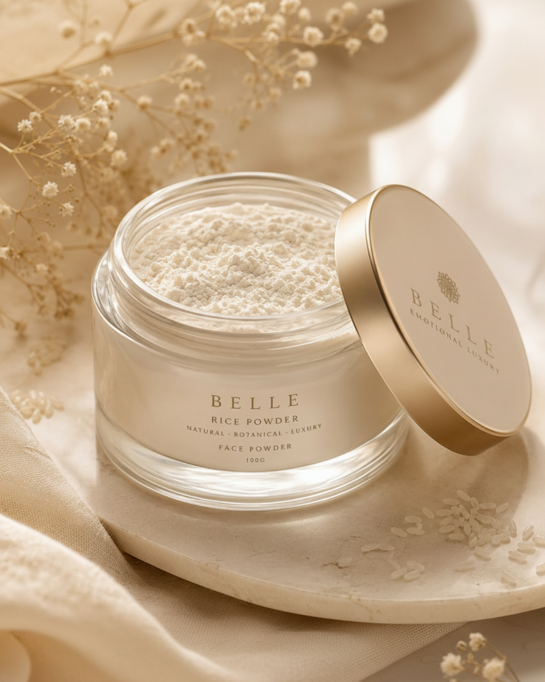 A clear glass jar of BELLE Rice Powder face powder with its metallic gold lid leaning against it, set on a beige fabric surface with dried flowers and scattered rice grains.