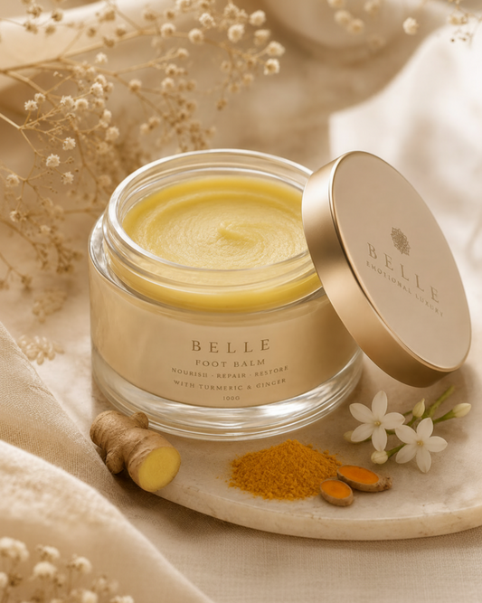 Belle Foot Balm in a clear glass jar with a gold lid, shown open with the balm visible inside. The jar is styled on a neutral fabric surface with ginger root, turmeric powder, and dried flowers around it.