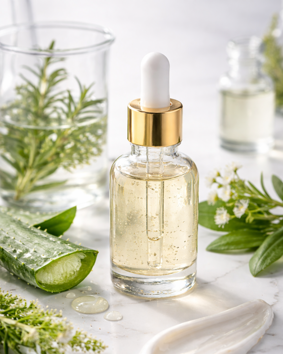 A clear glass dropper bottle filled with organic serum, topped with a white dropper and gold collar, styled on a white marble surface with aloe vera, rosemary, and a cream smear nearby.