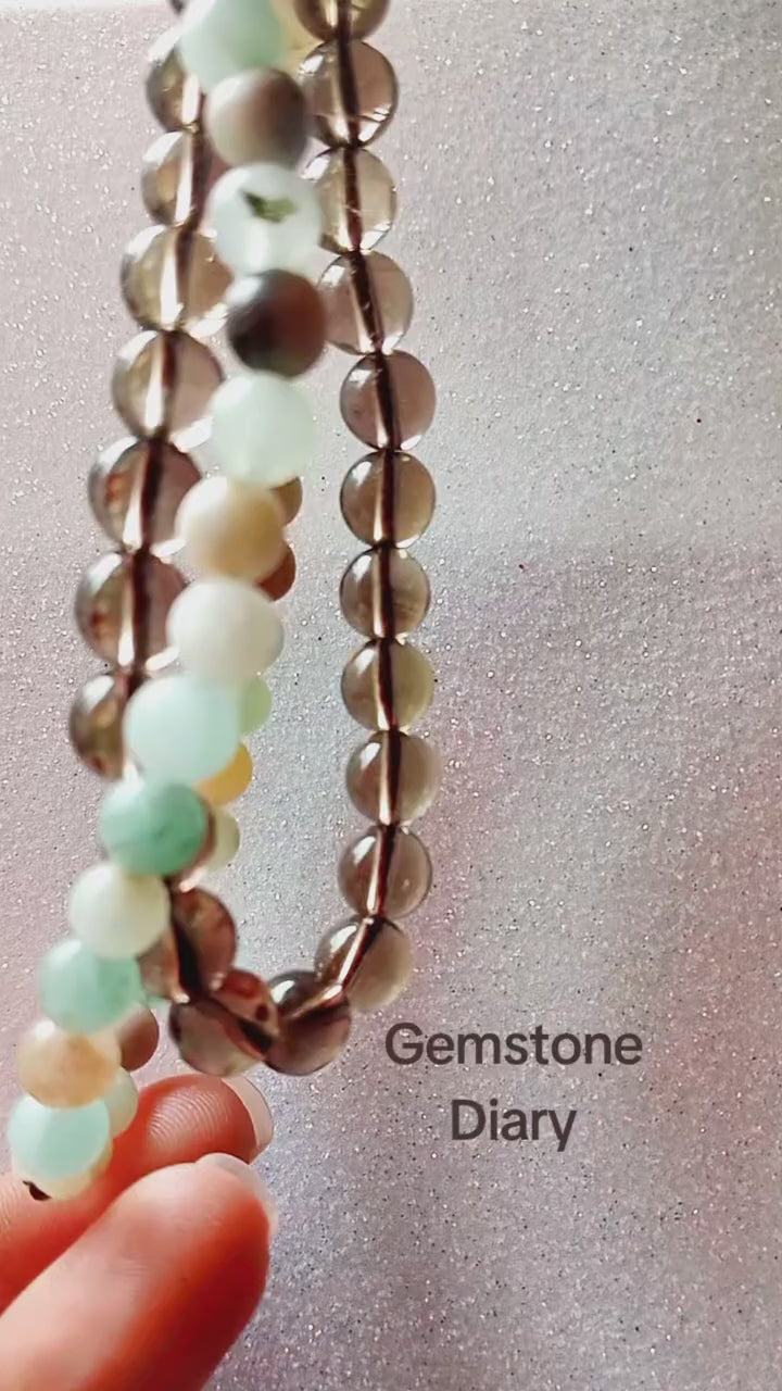 A short-form video preview demonstrating the organic gemstone layering, light refraction, and daily wear styling of a genuine smokey quartz bead bracelet.
