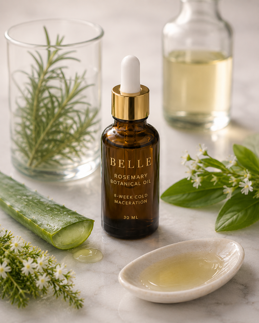 Belle Rosemary Botanical Oil 30ml dropper bottle in an amber glass bottle with a gold collar and white dropper, styled on a marble surface with rosemary and a small dish of oil.