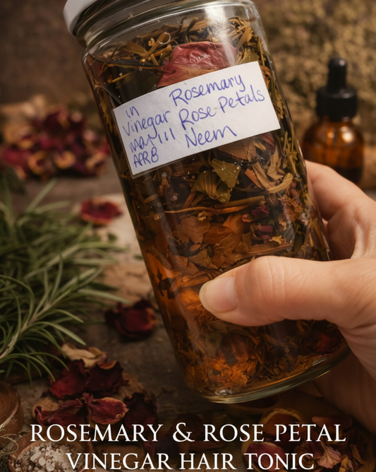 A hand holds a clear glass jar filled with rosemary and rose petals in liquid, with a handwritten label reading 'Rosemary & Neem Vinegar Hair Tonic.' The background is a rustic brown surface with dried herbs and rose petals, and text at the bottom reads 'ROSEMARY & ROSE PETAL VINEGAR HAIR TONIC.