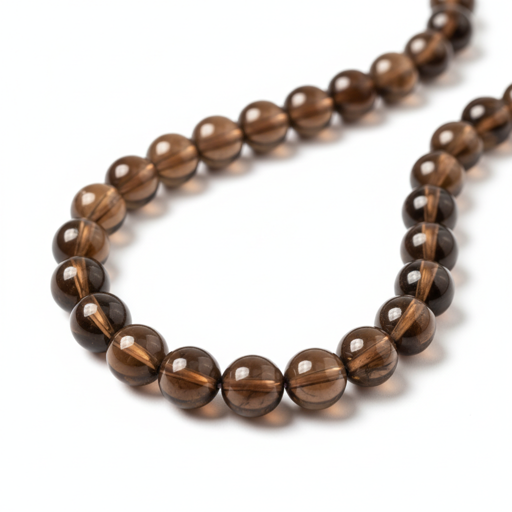 A premium catalog close-up shot of a polished smokey quartz beaded bracelet revealing rich crystalline clarity and natural luminous reflections on a white backdrop.
