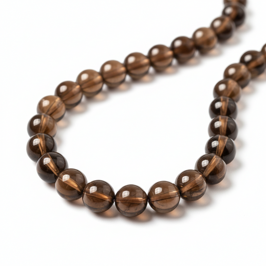 A premium catalog close-up shot of a polished smokey quartz beaded bracelet revealing rich crystalline clarity and natural luminous reflections on a white backdrop.
