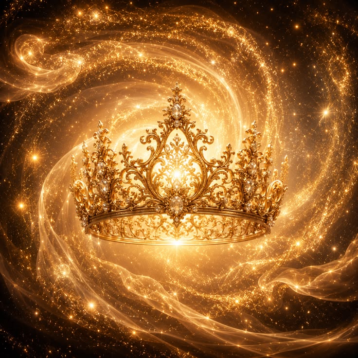 An ornate golden crown with intricate filigree and sparkling jewel-like details, centered against a swirling cosmic background of gold light, stars, and dark space.