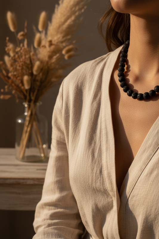 A luxury lifestyle editorial shot displaying a 6mm black volcanic lava rock beaded necklace styled over a neutral linen blouse.
